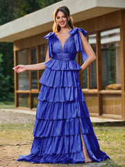 A-Linie Schleife an den Schultern Stufen Kleid mit Schlitz Königsblau