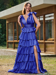 A-Linie Schleife an den Schultern Stufen Kleid mit Schlitz Königsblau
