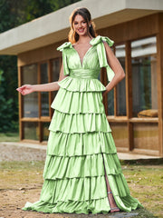 A-Linie Schleife an den Schultern Stufen Kleid mit Schlitz Salbei