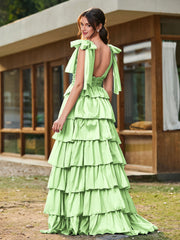A-Linie Schleife an den Schultern Stufen Kleid mit Schlitz Salbei
