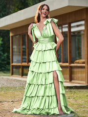 A-Linie Schleife an den Schultern Stufen Kleid mit Schlitz Salbei