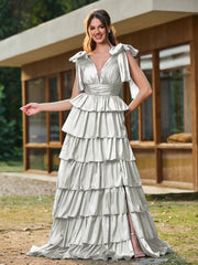 A-Linie Schleife an den Schultern Stufen Kleid mit Schlitz Silber