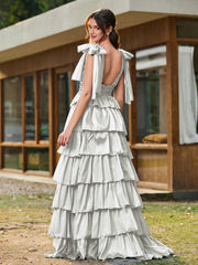 A-Linie Schleife an den Schultern Stufen Kleid mit Schlitz Silber