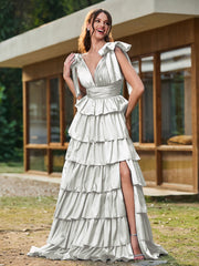 A-Linie Schleife an den Schultern Stufen Kleid mit Schlitz Silber