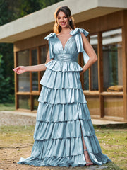 A-Linie Schleife an den Schultern Stufen Kleid mit Schlitz Schiefer Blau