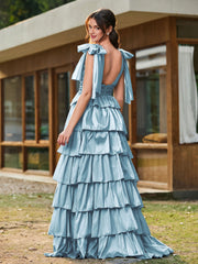 A-Linie Schleife an den Schultern Stufen Kleid mit Schlitz Schiefer Blau
