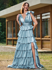 A-Linie Schleife an den Schultern Stufen Kleid mit Schlitz Schiefer Blau