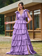 A-Linie Schleife an den Schultern Stufen Kleid mit Schlitz Tahiti