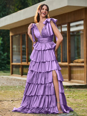 A-Linie Schleife an den Schultern Stufen Kleid mit Schlitz Tahiti