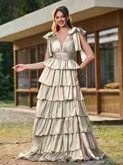 A-Linie Schleife an den Schultern Stufen Kleid mit Schlitz Taupe