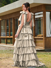 A-Linie Schleife an den Schultern Stufen Kleid mit Schlitz Taupe