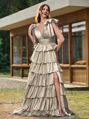 A-Linie Schleife an den Schultern Stufen Kleid mit Schlitz Taupe