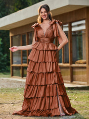 A-Linie Schleife an den Schultern Stufen Kleid mit Schlitz Terrakotta