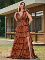A-Linie Schleife an den Schultern Stufen Kleid mit Schlitz Terrakotta