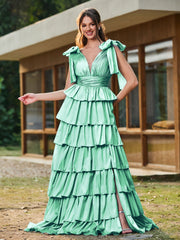 A-Linie Schleife an den Schultern Stufen Kleid mit Schlitz Türkis