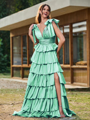 A-Linie Schleife an den Schultern Stufen Kleid mit Schlitz Türkis
