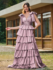 A-Linie Schleife an den Schultern Stufen Kleid mit Schlitz Vintage Mauve