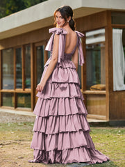 A-Linie Schleife an den Schultern Stufen Kleid mit Schlitz Vintage Mauve