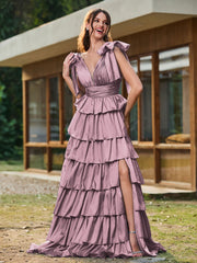A-Linie Schleife an den Schultern Stufen Kleid mit Schlitz Vintage Mauve