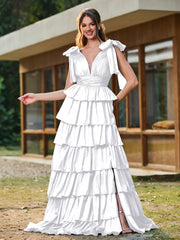 A-Linie Schleife an den Schultern Stufen Kleid mit Schlitz Weiß