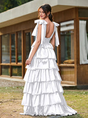 A-Linie Schleife an den Schultern Stufen Kleid mit Schlitz Weiß