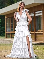 A-Linie Schleife an den Schultern Stufen Kleid mit Schlitz Weiß