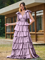 A-Linie Schleife an den Schultern Stufen Kleid mit Schlitz Blauregen