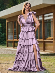 A-Linie Schleife an den Schultern Stufen Kleid mit Schlitz Blauregen