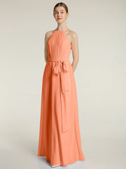 Voller Länge Chiffon Kleider Neckholder mit Schleife Papaya