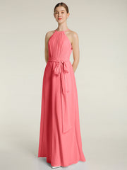 Voller Länge Chiffon Kleider Neckholder mit Schleife Wassermelone