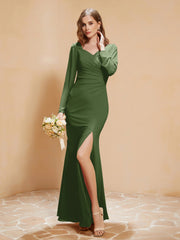 V-Ausschnitt Plissee Meerjungfrau Chiffon Kleid mit Schlitz Moos