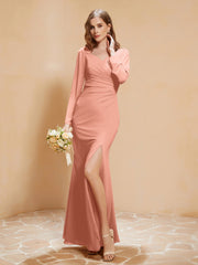 V-Ausschnitt Plissee Meerjungfrau Chiffon Kleid mit Schlitz Papaya