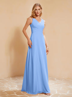 Plissee V-Ausschnitt Chiffon A-Linie Kleid mit Schleife Blau