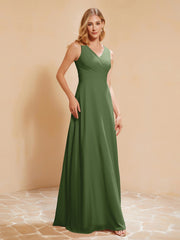 Plissee V-Ausschnitt Chiffon A-Linie Kleid mit Schleife Moos
