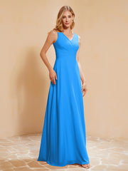 Plissee V-Ausschnitt Chiffon A-Linie Kleid mit Schleife Meerblau