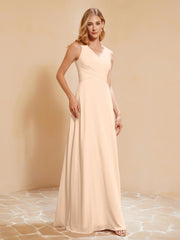 Plissee V-Ausschnitt Chiffon A-Linie Kleid mit Schleife Pfirsich