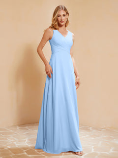 Plissee V-Ausschnitt Chiffon A-Linie Kleid mit Schleife Himmelblau