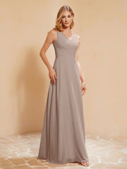 Plissee V-Ausschnitt Chiffon A-Linie Kleid mit Schleife Taupe