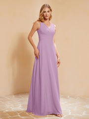 Plissee V-Ausschnitt Chiffon A-Linie Kleid mit Schleife Blauregen