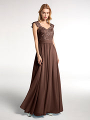 Lang Chiffon Kleid mit Spitze Appliqued Mieder Schokolade