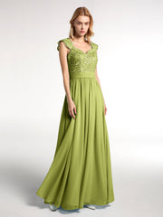 Lang Chiffon Kleid mit Spitze Appliqued Mieder Klee