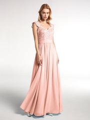 Lang Chiffon Kleid mit Spitze Appliqued Mieder Koralle