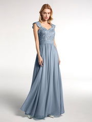 Lang Chiffon Kleid mit Spitze Appliqued Mieder Staubiges Blau