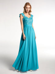 Lang Chiffon Kleid mit Spitze Appliqued Mieder Jade