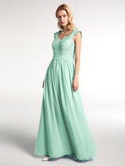 Lang Chiffon Kleid mit Spitze Appliqued Mieder Minzgrün