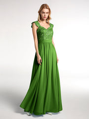 Lang Chiffon Kleid mit Spitze Appliqued Mieder Moos