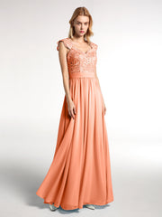 Lang Chiffon Kleid mit Spitze Appliqued Mieder Papaya