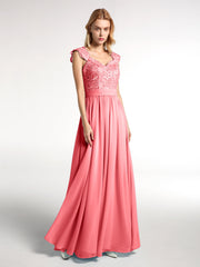 Lang Chiffon Kleid mit Spitze Appliqued Mieder Wassermelone