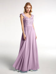 Lang Chiffon Kleid mit Spitze Appliqued Mieder Blauregen