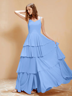 Boho V-Ausschnitt Bodenlang Kleid Fließende Rüschen Blau